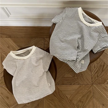2022 Kūdikiui Baby Girl marškinėliai Vasaros Kietas Kratinys Dryžuotas trumpomis Rankovėmis Viršuje Berniukas Medvilnės Plonas Vaikams Drabužių Mergaičių Kostiumai