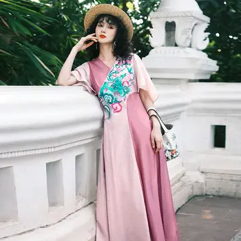 2023 moterų nauja vasaros sujungimas dizainas, siuvinėjimo trumpas rankovės retro stiliaus kinijos nacionalinės mados ilga elegantiška suknelė g883