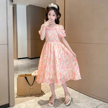 2023 Naujas Vasaros Girl Dress Vaikams Gėlių Spausdinti Mielas Princesė Šalies Šifono Aikštėje Apykaklės Suknelės 6-14 Metų Vaikams Drabužių