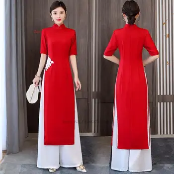 2023 tradicinių aodai suknelė+kelnės nustatyti gėlių siuvinėjimas suknelė moterims vietnamas aodai derliaus qipao suknelė elegantiškas šalis suknelė qipao