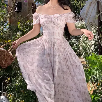 2023 Vasaros Elegantiškas Sluoksniuotos Rankovėmis Prancūzija Stiliaus Suknelė Aukšto Juosmens Spausdinti Saldus Aikštėje Apykaklės Atostogų DressVintage One Piece Suknelė