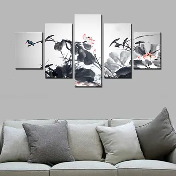 5 Skydelis Šeimos Black White Lotus Kraštovaizdžio Kinų Stiliaus Nuotraukas Drobė Paveikslų, Plakatų Namų Dekoro Nr. Įrėminti Kambario Dekoro
