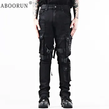 ABOORUN Vyrų Hip-Hop Džinsai Multi Kišenės Juostelės Krovinių Džinsinio audinio Kelnės Streetwear Jogger Kelnės
