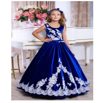 Aksominis Gėlių Mergaičių Suknelės 2023 Nėrinių Appliques Royal Blue Oficialų Renginį Suknelė Nėriniai Atgal Graži Šalis Girlbirthday Suknelė