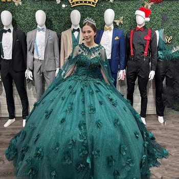 ANGELSBRIDEP Tamsiai Hunter Green Quinceanera Suknelės, Puošnios 3D Gėlės Su Žaliuoju Vestidos 15 Gimtadienio vakarėlio Princesė Užsakymą