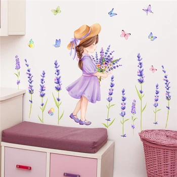 Animacinių filmų Violetinė Mergaitė Gėlės Drugelis Sienų Lipdukai Vaikams Kambariai Kūdikių, Mergaičių Kambario Apdaila Vinilo Gyvenimo Kambario, Miegamasis Lipdukai