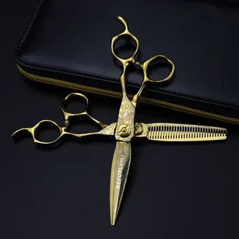 Aukso Damasko Plieno 440c Profesionalus kirpėjas įrankiai, Kirpykla, plaukų pjovimas, retinimas žirklės rinkinys 6.0 colių plaukų žirklės