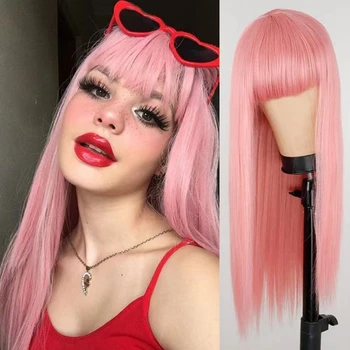 Awahair Sintetinių Ilgi Tiesūs Pink Lolita Perukas Su Kirpčiukais Atsparus Karščiui Plaukų Helovyno Cosplay Wig arba Kasdien Šalies Netikrų Plaukų
