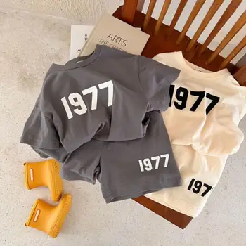 Baby Girl Berniuko Drabužių Vasaros Vaikų Medvilnės 1977 Spausdinti Viršuje ir Apačioje Nustatyti Trumpas Rankovės Tshirts Šortai Tiktų Vaikams Loungewear