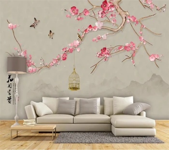 beibehang Užsakymą tapetai 3d freskomis naujas Kinijos ranka-dažytos pen gėlių, paukščių raudonųjų slyvų rašalo kraštovaizdžio sofa fono sienos popieriaus