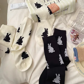 Black White Rabbit Moterų Kojinės Mielas Animacinių filmų Kawaii Minkštos Medvilnės Kojinės Mergaitėms korėjos Stiliaus Mados Harajuku Unisex Calcetines