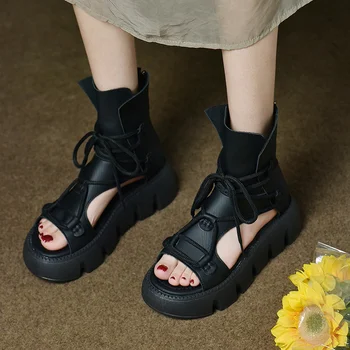 Butas Platforma vientisos Spalvos Moterų Batų Nėrinių Iki Gatvės Stiliaus Atsitiktinis Moterų Sandalai Aukšto Viršų Rankų Lauke Zapatos Mujer 2023