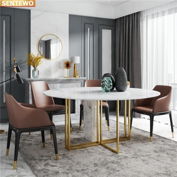 Dizaineris Prabangus turas vakarienė kambarys Marmuro Uolos Plokštė valgomojo stalo rinkinys 4 6 8 kėdės mesa tische baldai, Nerūdijančio plieno, aukso bazės