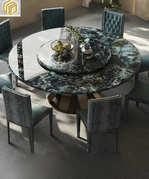 Dizaineris šviesos prabangus natūralios prabangios akmens apskritojo stalo ir kėdės derinys aukštos klasės vila restoranas marmuro lentelė su turntab