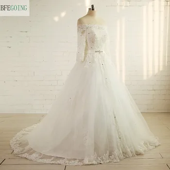 Dramblio Kaulo Nėrinių Appliques Išjungti Turėtų A-Line Wedding Dresses Koplyčia Traukinys Užsakymą Ilgomis Rankovėmis Vestuvinės Suknelės