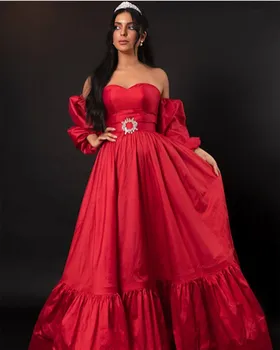 Elegantiškas Ilgas Brangioji Taftos Raudona Vakaro Suknelės Su Diržu-Line Musulmonų Plisuotos Grindų Ilgis Prom Oficialų Suknelė Moterims