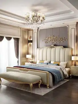 Europos dvigulė lova, Amerikos medžio masyvo lova, moderni ir paprasta, šviesos prabanga viršutinis sluoksnis odos lova