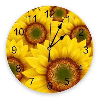 Geltona Saulėgrąžų Dekoratyvinis Apvalus Sieninis Laikrodis Arabiškais Skaitmenimis Dizainas Ne Tiksi Sieninis Laikrodis Dideli Miegamieji Vonios Kambarys
