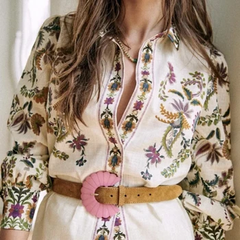 Iki 2023 m. Pavasarį Naujas Moterų Etninės Stiliaus Gėlių Spausdinti Palaidinė Vieną Krūtinėmis Ponios prancūzijos Derliaus Elegantiškas Marškinius ir Viršaus