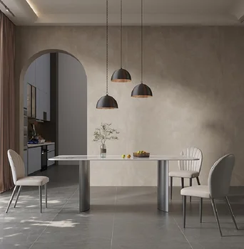 Italijos minimalistinio roko valgomasis stalas, modernus minimalistinio ir prabangus stačiakampio formos, valgomojo stalas ir kėdė derinys