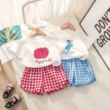 Korėjos Baby Girl Vasaros Drabužių Rinkinius, Obuolių, Citrinų Tees T marškinėliai+Pledas Šortai Kostiumas 2VNT Pack Kūdikių Mergaitės, Apranga Naujagimiams Drabužiai