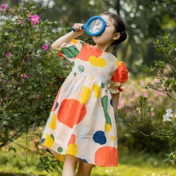 Korėjos Stiliaus Vaikų Mergaičių Suknelės Vasaros Paplūdimio Medvilnės Prarasti Sluoksniuotos Rankovėmis Vandens Spausdinti Kūdikių Vaikai Moksleivė Atsitiktinis Atostogų Suknelė