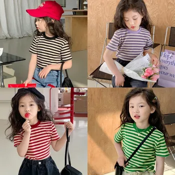 Korėjos Versija Mados Mergina Dryžuotas Marškinėliai Vasaros 2023 Naujų Vaikai Trumpas Rankovėmis Viršūnes Įgulos Kaklo Vaikų Drabužių Tshirts 6m-6y