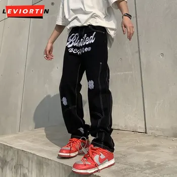 Korėjos Vyrų Laišką Siuvinėjimo Baggy Jeans Kelnės Hip-Hop Vyras Tiesiai Juodos Džinsinio audinio Kelnės Vyrų Pantaloni Uomo Y2K Drabužiai