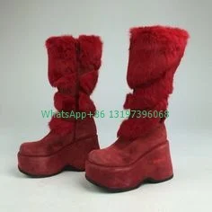 Lady raudona kailio derliaus dizaino platformos batai aukščio viršutinis kelio batai pusėje zip plunksnų retro priežastinis stiliaus batai, avalynė, dydis 46