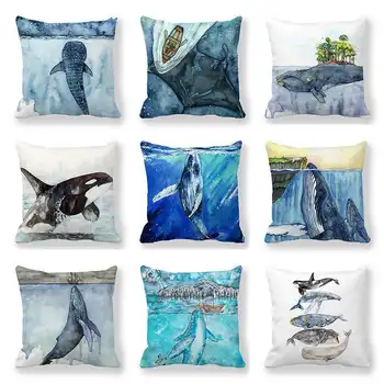 Miegamojo Sofa-Lova, Gyvenamasis Kambarys Dekoratyvinis Užvalkalas Akvarelė Banginis Pagalvėlė Padengti Vandenyno Mėlynos Jūros Žuvų Dekoratyviniai Pagalvių Užvalkalai