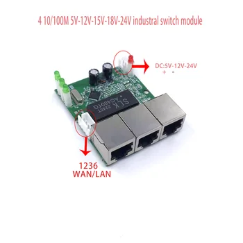 Mini PCBA 4Ports Networkmini ethernet switch modulis 10/100Mbps 5V (12V 15V 18V 24V