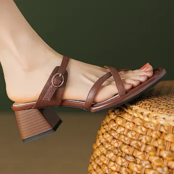 Moterų sandalai karvės odos siauros juostos kirsti dirželis metalo diržo slip-on vasarą skaidres, 5cm storio med aukštakulniai sandalai batelių karšto