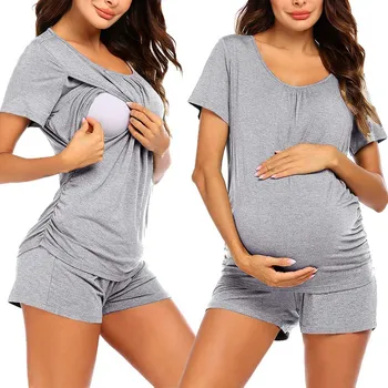 Motinystės Pižama Nustatyti Kietojo Trumpas Rankovės Krūtimi Nėščios Slaugos nėštumo T-shirt 2021 Naujas blusas de embarazada