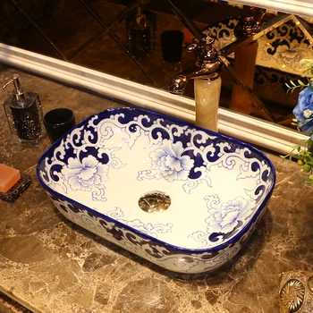 Mėlynos ir baltos spalvos porceliano meno stalviršio Bonsai Dezhen keraminis praustuvas Kinų stiliaus praustuvas, tualetas kriaukle ant stalviršio