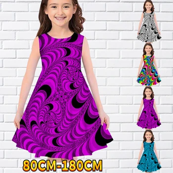 Naujas 2022 Vaikai Mergaitės Berankovis Suknelė 3D Vaikai Geometrinis Spausdinti Kasdien Atsitiktinis Mielas Saldus Virš Kelio Berankovis Suknelė 80-180CM
