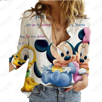 Naujas Disney ilgomis Rankovėmis Marškinėliai Prarasti Laisvalaikio Stiliaus Šifono Marškinėliai Mickey Minnie Spausdinti Kvėpuojantis Patogiai Moterų Elegantiškas Viršų