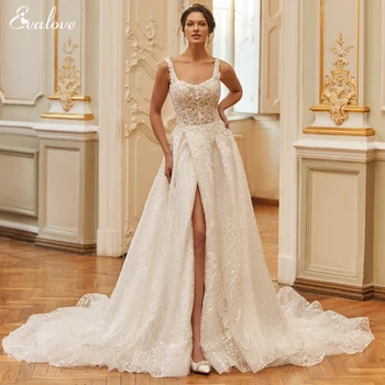 Naujas Romantiškas Aikštėje Apykaklės Priekyje-Split Lace A-Line Wedding Suknelė 2023 Spalvingas Appliques Duobute Siuvinėjimo Princesė Vestuvių Suknelė