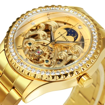 NUGALĖTOJAS Retro Mechaniniai Laikrodžiai Prabanga Tourbillon Skeletas Automatinis laikrodis Vyrams, Royal Diamond Atveju Mėnulio Fazės Plieno Dirželis Laikrodis