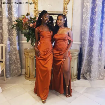 Oranžinė Off Peties Bridesmaid Dresses Ilgai Undinė Seksualus Aukštos Ritininės Klostyti Vestuves Suknelė Afrikos Moterų Promenadzie Suknelė
