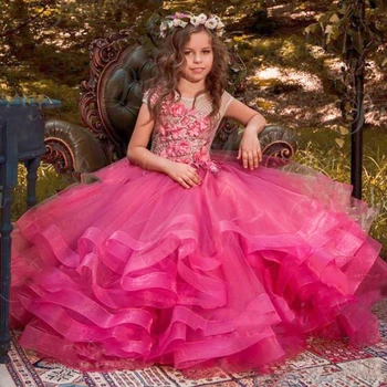 Pakopinis Sijonas, Gėlių mergaičių Suknelės 3D Gėlių Appliqued Inscenizacija Boho Suknelė Vestuvėms Šalis, Pirmosios Komunijos Suknelės