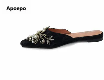 pardavimai prekės ženklo moterų šlepetės juoda balta nėrinių šalis batai kristalų butai mulų batai moterims, Rankų darbo pearl sapato feminino 2022