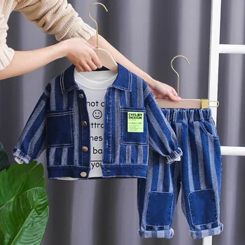 Pavasario kūdikių vertikalus grūdų ilgomis rankovėmis džinsinis kostiumas 0-5-metų berniuko atvartas megztinis kelnės dviejų dalių paprastas atsitiktinis sportinę aprangą