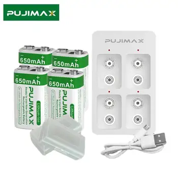 PUJIMAX 9V Įkraunama Ličio Baterija, 650mAh, Li-ion Baterijas+Nešiojamų Smart Baterijos Įkroviklio Rinkinys Greito Įkrovimo Perkeliamumas