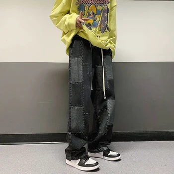 Retro mados Pločio Kojų Džinsai, vyriški Baggy Džinsinio Džinsus Vyrams Streetwear Prarasti Hip-hop Tiesiai Raišteliu Pledas Džinsinio audinio Kelnės