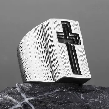 Retro reikmenys, plataus kraštais kryžiaus titano plieno žiedas vyrams bižuterijos valdinga nerūdijančio plieno madinga vyriški žiedas