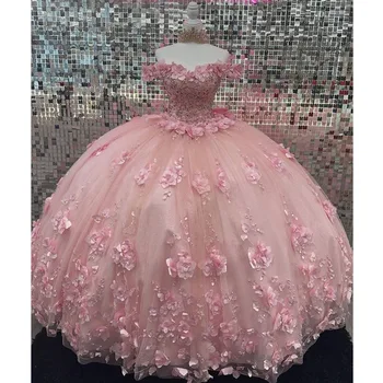 Rožinė Duobute Crystal Bow Princesė Quinceanera Suknelės Kamuolys Suknelė nuo Peties 3D Gėlės Korsetas Saldus 15 Vestidos De XV Años