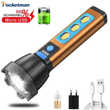 Ryškiausia LED Žibintuvėlis USB Įkrovimo Flashlamp Vandeniui 4 Režimai Fakelas Taktinis Žibintuvėlis 3 Dydis Funkcijos su Baterija