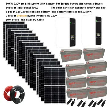 Saulės Sistema Užbaigti Namų Rinkinys Su Baterija 10000W 220V AC Off Grid Saulės Sistemos Growatt UPS Hibridas Keitiklio MPPT Ūkio Baseinas