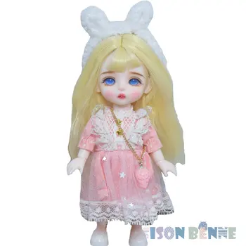 SISON BENNE 1/8 BJD Doll 16cm Mielas Mini Mergaitė Lėlė su Nuimama Drabužiai, Perukai, Batai Vaikams, Žaislas