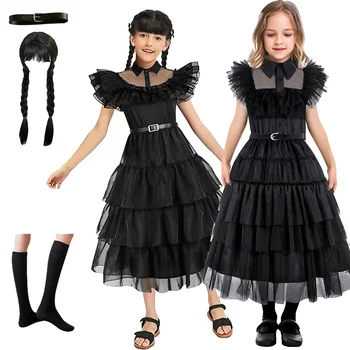 Trečiadienis Adams vaidmuo žaisti kostiumas 2023 naujas Halloween carnival šalies juoda vakarinę suknelę mergaitės, nėriniai, cut-out princesė sijonas